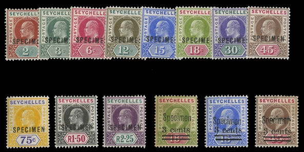 BRITISH COMMONWEALTH SEYCHELLES (49-62S) 1903-6 KEVII, complete set plus three Surcharges, overprinted Specimen, h.r., fine-v.f. (SG 46-59s) £315