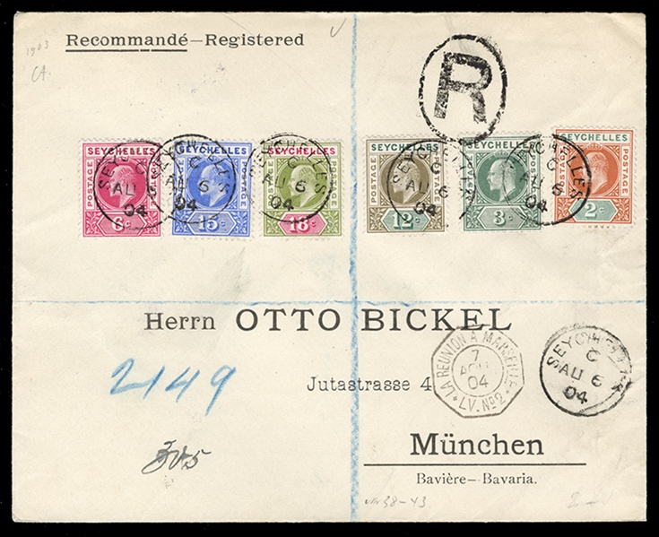 BRITISH COMMONWEALTH SEYCHELLES 1904 (6 Aug) registered Otto Bickel cover to Bavaria, franked with KEVII 2c, 3c, 6c, 12c, 15c and 18c, six different, 3c "Dented frame" variety (SG47a, £150 off...