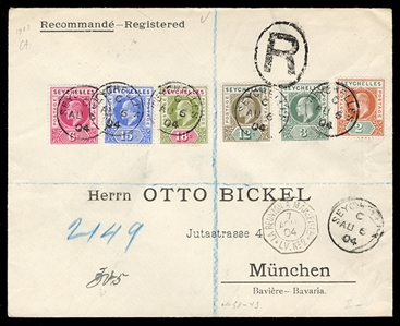 BRITISH COMMONWEALTH SEYCHELLES 1904 (6 Aug) registered Otto Bickel cover to Bavaria, franked with KEVII 2c, 3c, 6c, 12c, 15c and 18c, six different, 3c "Dented frame" variety (SG47a, £150 off...