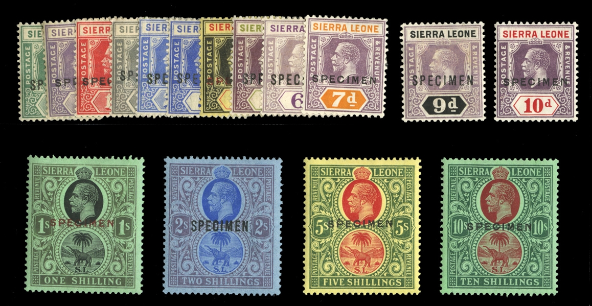 BRITISH COMMONWEALTH SIERRA LEONE (122-137S) 1921-27 George V, complete set to 10sh, overprinted Specimen, h.r., fine-v.f. (SG 131-146s) £500