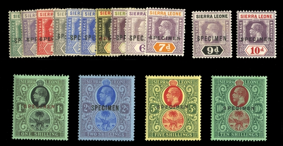 BRITISH COMMONWEALTH SIERRA LEONE (122-137S) 1921-27 George V, complete set to 10sh, overprinted Specimen, h.r., fine-v.f. (SG 131-146s) £500