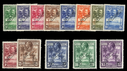 BRITISH COMMONWEALTH SIERRA LEONE (140-152S) 1932 George V, complete set, perforated Specimen, h.r., fine-v.f. (SG 155-157s) £325