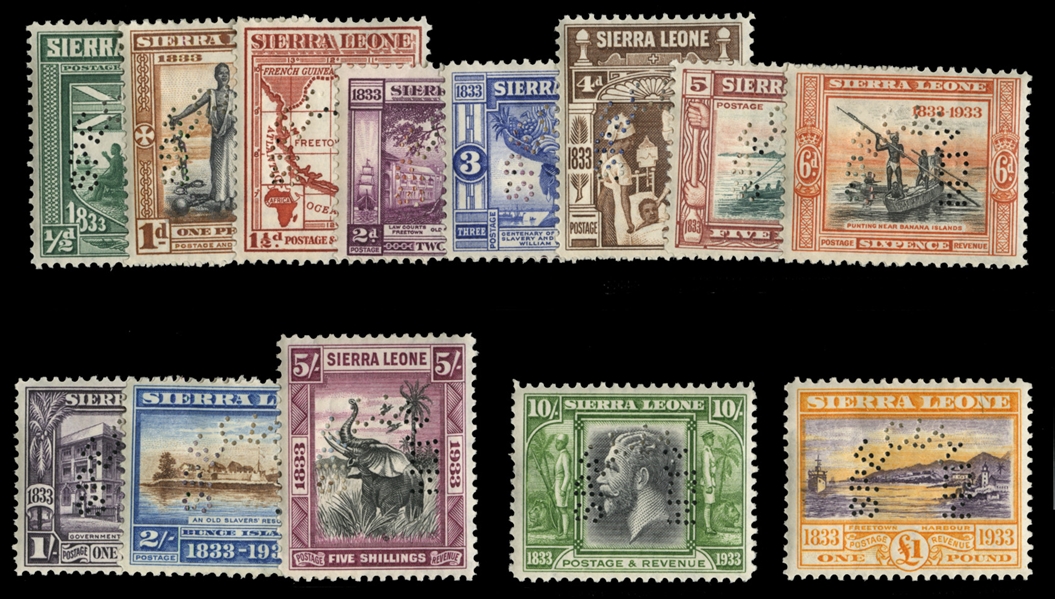 BRITISH COMMONWEALTH SIERRA LEONE (153-165S) 1933 Wilberforce, complete set, perforated Specimen, h.r., fine-v.f. (SG 168-180s) £850