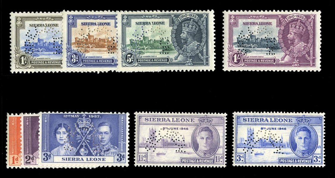 BRITISH COMMONWEALTH SIERRA LEONE (166-72,185-86S) 1935-46 Silver Jubilee, Coronation and Peace, complete sets, perforated Specimen, h.r., fine-v.f. (SG 181-187s,201-202s) £380