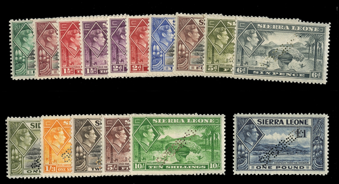 BRITISH COMMONWEALTH SIERRA LEONE (173/185S) 1938-44 George VI, complete except for 1sh3p, perforated Specimen, h.r., fine-v.f. (SG 188/200s) £475