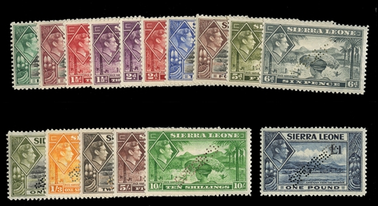 BRITISH COMMONWEALTH SIERRA LEONE (173/185S) 1938-44 George VI, complete except for 1sh3p, perforated Specimen, h.r., fine-v.f. (SG 188/200s) £475