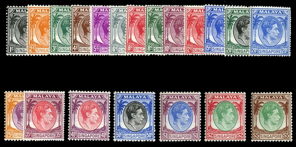 BRITISH COMMONWEALTH SINGAPORE (1a-20a) 1948-52 George VI, mixed perforations 1c-$5, complete set of 20 different, n.h., fine-v.f. cat. $479