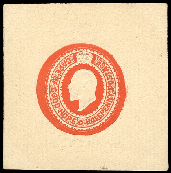 BRITISH COMMONWEALTH SOUTH AFRICA - Cape of Good Hope Postal Stationery 1903 De La Rue die proof of the vermilion embossed envelope stamp, 1/2p vermilion, fine and very rare