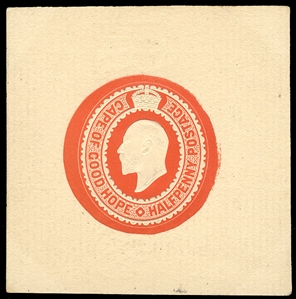 BRITISH COMMONWEALTH SOUTH AFRICA - Cape of Good Hope Postal Stationery 1903 De La Rue die proof of the vermilion embossed envelope stamp, 1/2p vermilion, fine and very rare
