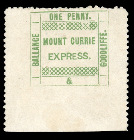 BRITISH COMMONWEALTH SOUTH AFRICA - Griqualand West Local Stamps 1874 Mount Currie Express, 1p green, issued by a local store "Balance and Goodliffe", unused without gum, perforated on three...
