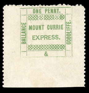 BRITISH COMMONWEALTH SOUTH AFRICA - Griqualand West Local Stamps 1874 Mount Currie Express, 1p green, issued by a local store "Balance and Goodliffe", unused without gum, perforated on three...