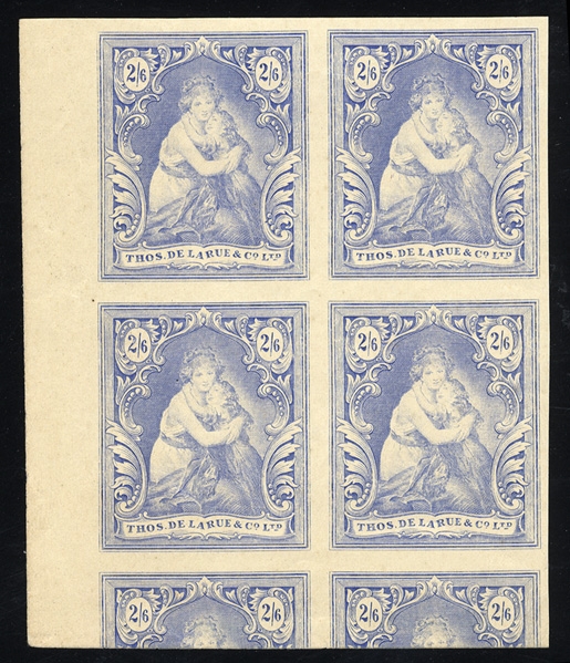 BRITISH COMMONWEALTH REPUBLIC OF SOUTH AFRICA 1938 De La Rue essays, 2sh6p "Mother and Child", imperf. essays in blue and brown, blocks of four, v.f.