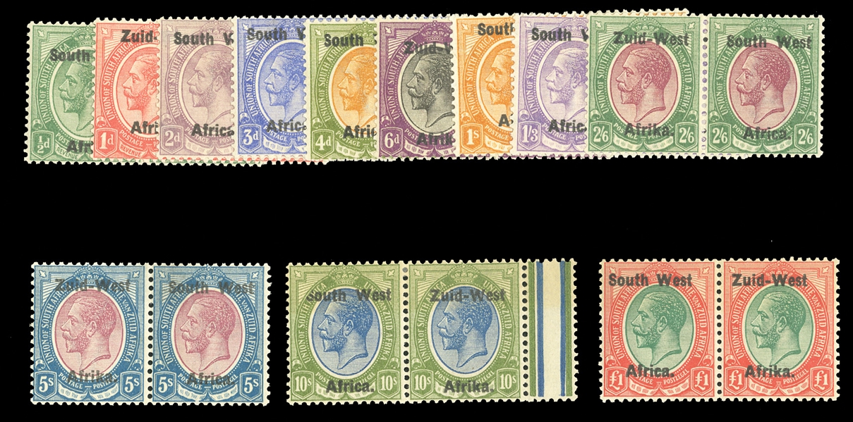 BRITISH COMMONWEALTH SOUTH-WEST AFRICA (1-12) 1923 George V, 1/2p-£1, set of se-tenant pairs, £1 n.h., others mostly l.h., fine-v.f., with 2021 Brandon certificates for the two high values...