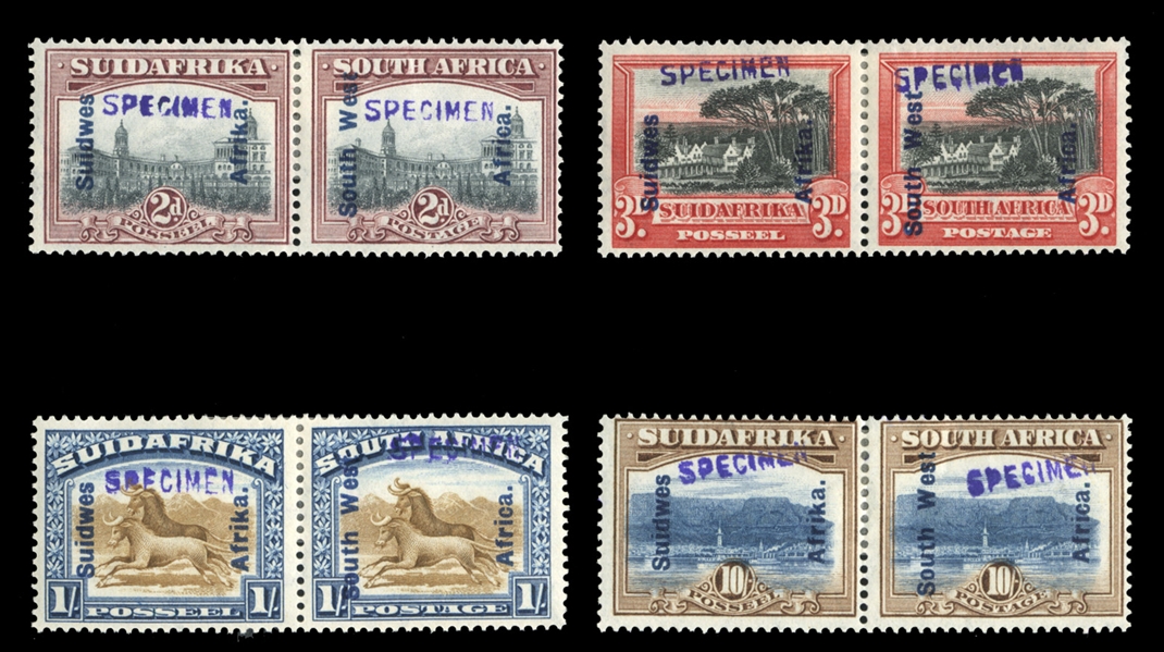 BRITISH COMMONWEALTH SOUTH-WEST AFRICA (SG 49-54s) 1927 George V, 2p, 3p, 1sh and 10sh, set of four se-tenant pairs (complete as issued), overprinted Specimen, h.r., fine-v.f., £400