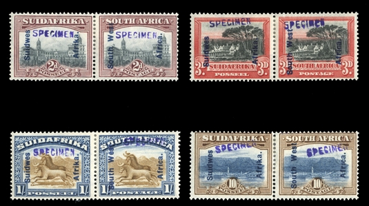 BRITISH COMMONWEALTH SOUTH-WEST AFRICA (SG 49-54s) 1927 George V, 2p, 3p, 1sh and 10sh, set of four se-tenant pairs (complete as issued), overprinted Specimen, h.r., fine-v.f., £400