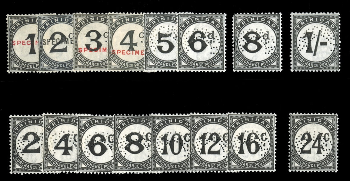 BRITISH COMMONWEALTH TRINIDAD & TOBAGO Postage Dues (J1-18S) 1923-45 complete sets, perforated or overprinted Specimen, h.r., fine-v.f. (SG D18-33s) £340