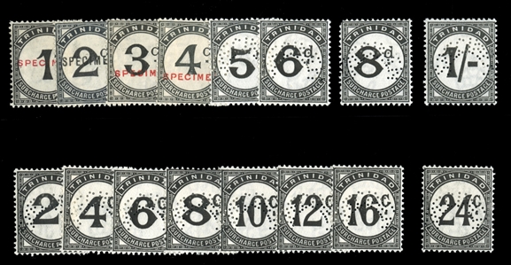 BRITISH COMMONWEALTH TRINIDAD & TOBAGO Postage Dues (J1-18S) 1923-45 complete sets, perforated or overprinted Specimen, h.r., fine-v.f. (SG D18-33s) £340