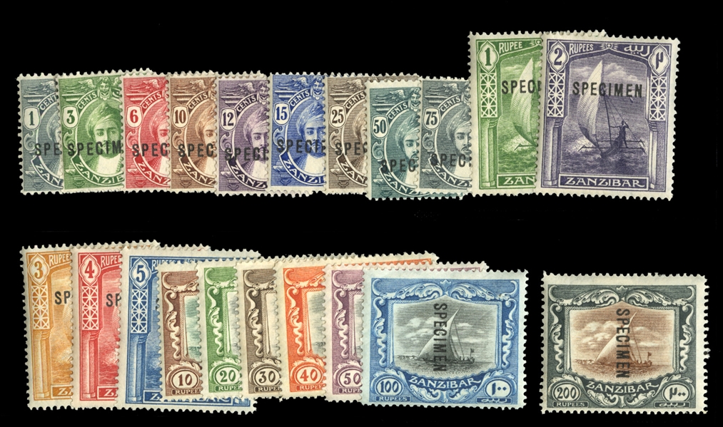 BRITISH COMMONWEALTH ZANZIBAR (120-140S) 1913-18 Dhow, 1r-200r, complete set, overprinted Specimen, h.r., fine-v.f. (SG 246-260s) £1,270