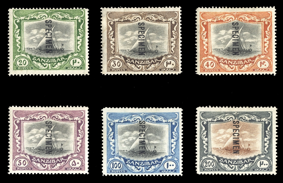 BRITISH COMMONWEALTH ZANZIBAR (135-140S) 1913 20r-200r, six high values, overprinted Specimen, 100r without gum, balance h.r., fine-v.f. (SG 260b-260gs) £895