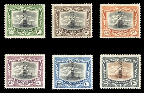 BRITISH COMMONWEALTH ZANZIBAR (135-140S) 1913 20r-200r, six high values, overprinted Specimen, 100r without gum, balance h.r., fine-v.f. (SG 260b-260gs) £895