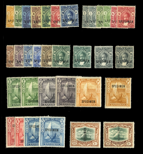 BRITISH COMMONWEALTH ZANZIBAR (141-175S) 1914-29 1c-10r, two complete sets, overprinted Specimen, h.r., fine-v.f. (SG 261-295s) £800