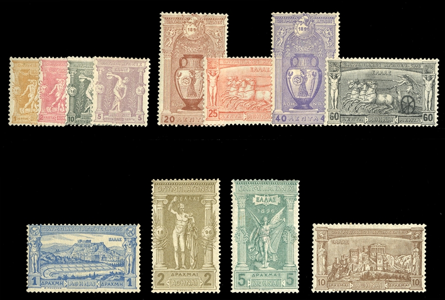 GREECE (117-28) 1896 Olympics, 1L-10d complete set of 12, h.r., some irregular perfs, mostly fine-v.f., cat. $1,784