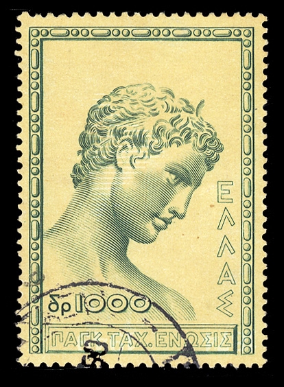 GREECE (524c) 1950 1,000d Youth of Marathon (UPU), background and "1874 1949"  dates inverted, used, v.f., rare and striking error, with 2006 APS certificate, normal stamp included for comparison