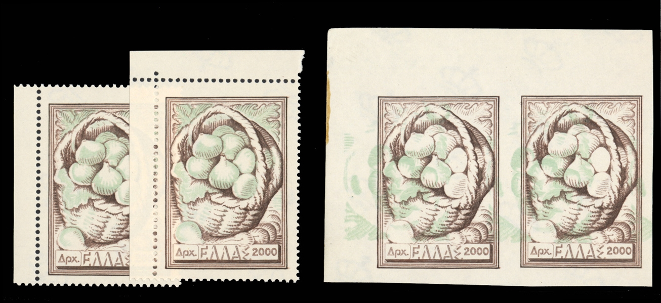 GREECE (553var) 1953 National Products, 2,000d imperf. top left corner margin horizontal pair, light green background inverted, v.f. and rare, with 2007 Alex Rendon certificate, normal...