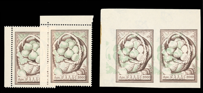 GREECE (553var) 1953 National Products, 2,000d imperf. top left corner margin horizontal pair, light green background inverted, v.f. and rare, with 2007 Alex Rendon certificate, normal...