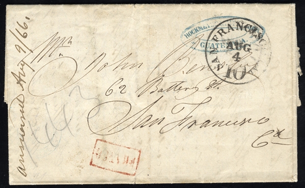 GUATEMALA 1866 (1 July) FL to San Francisco, with blue oval forwarding agents cachet "Hockmeyer & P. Guatemala", boxed "Franca" in red, with arrival datestamp in San Francisco, fine
