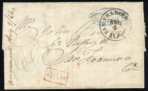 GUATEMALA 1866 (1 July) FL to San Francisco, with blue oval forwarding agents cachet "Hockmeyer & P. Guatemala", boxed "Franca" in red, with arrival datestamp in San Francisco, fine