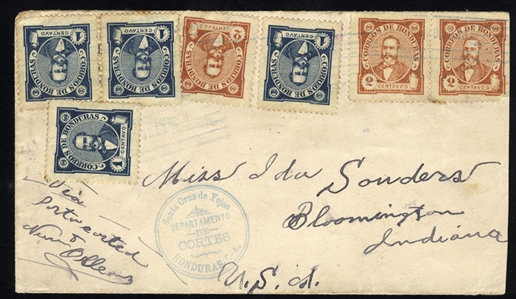 HONDURAS 1898 (18 Apr) cover to USA, franked with 4x1c and 3x2c, with "Santa Crus de Yojoa" date stamp, various transit & arrival pmks, some toning, mostly on reverse, fine