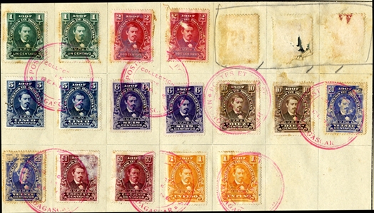 HONDURAS 1911 Issues, 64 stamps, generally three of each, mounted on three presentation sheets, mostly cancelled by red "Postes et Telegraphes Madagascar/Collection Berne", some defects,...
