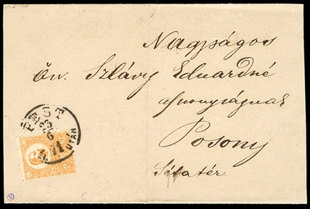 HUNGARY (1) 1871 2k orange, excellent color, tied by PEST 23.6.71 pmk on large part of a printed announcement (sideflaps missing) to Posony, with arrival pmk on back. Fine usage, one of the...