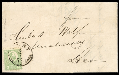 HUNGARY (2) 1871 3k light green, nice color, irregular and shorter perfs at bottom, tied by PEST 6.7.71 pmk on outer FL used locally, with same day arrival on back, rare stamp on cover, signed...