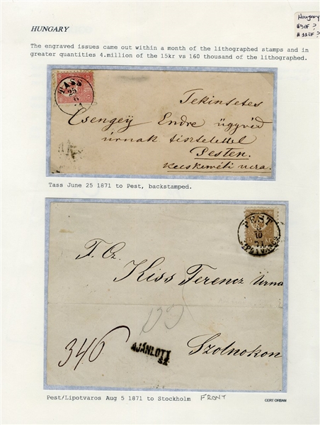 HUNGARY (5) 1871 15k yellow brown, usual centering, tied by Pest/Lipotvaros 5.10.71 pmk on coverfront, Registered to Szolnok (Orban certificate), also two FLs with 5k franking, used from Tass to...