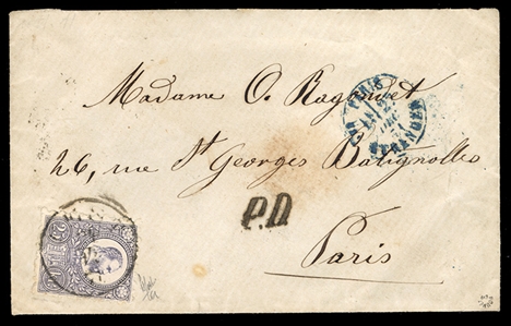 HUNGARY (12) 1871 25k lilac, tied by PEST 24 Dec 71 pmk on cover to Paris, "P.D." hs alongside, Wien transit and blue French (27 Dec 71) entry pmk, some toning, otherwise fine and scarce usage...