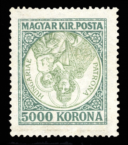 HUNGARY (386a) 1921 5,000k dark green and pale blue, Madonna and Child, center inverted, l.h., well centered, faint horizontal crease in bottom margin, otherwise v.f., with clear 1964 BPA, plus...