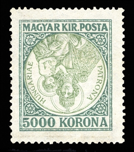 HUNGARY (386a) 1921 5,000k dark green and pale blue, Madonna and Child, center inverted, l.h., well centered, faint horizontal crease in bottom margin, otherwise v.f., with clear 1964 BPA, plus...