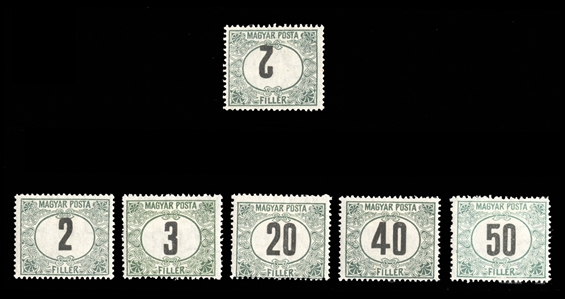 HUNGARY Postage Dues (J65a) 1918 2f green and black, center inverted, well centered, small h.r., v.f., with regular set for comparison, with 2008 APS certificate, cat. $2,200