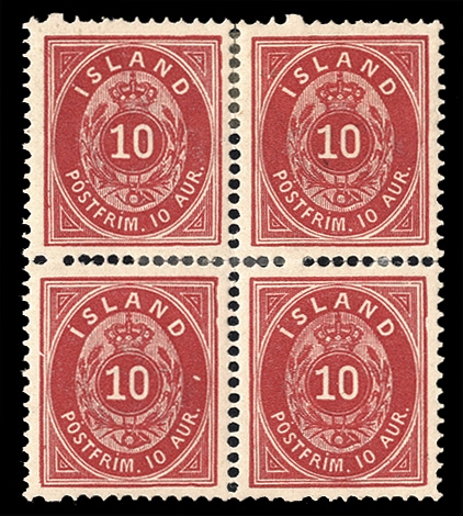 ICELAND (11var) 1876 10a red carmine, perf. 14x131/2, thick paper, block of four, well centered, light hinge reinforcing perf. separations, otherwise v.f., with 2000 Moller and 2004 Nielsen...