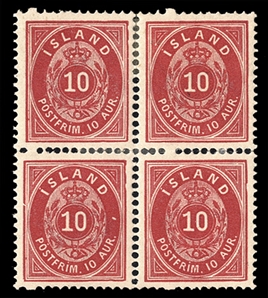 ICELAND (11var) 1876 10a red carmine, perf. 14x131/2, thick paper, block of four, well centered, light hinge reinforcing perf. separations, otherwise v.f., with 2000 Moller and 2004 Nielsen...