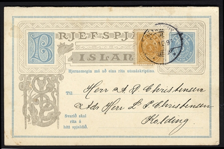 ICELAND (15) 1882 3a orange, used in 1896 on unsevered 5a postal reply card, paying the 8a post card rate from Reykjavik to Kolding, with Copenhagen transit and Kolding arrival on reverse, fine