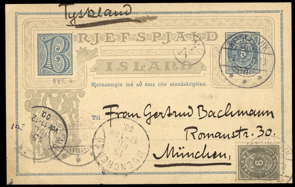 ICELAND (25) 1896 6a light gray, perf. 13, used on 5a blue postal stationery card to Munich, Germany (overpaying the 10a rate by 1a), tied by Reykjavik 3.7.00 cds, with Munich arrival (Jul 15),...