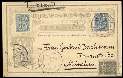 ICELAND (25) 1896 6a light gray, perf. 13, used on 5a blue postal stationery card to Munich, Germany (overpaying the 10a rate by 1a), tied by Reykjavik 3.7.00 cds, with Munich arrival (Jul 15),...