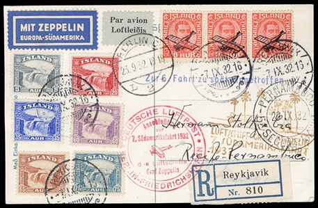 ICELAND Zeppelin Flights 1932 7th SAF card to Pernambuco, attractively franked, with Berlin forwarding cachet, also an interesting single-line "Zur 6.Fahrt zu spateingetroffen" (too late for...