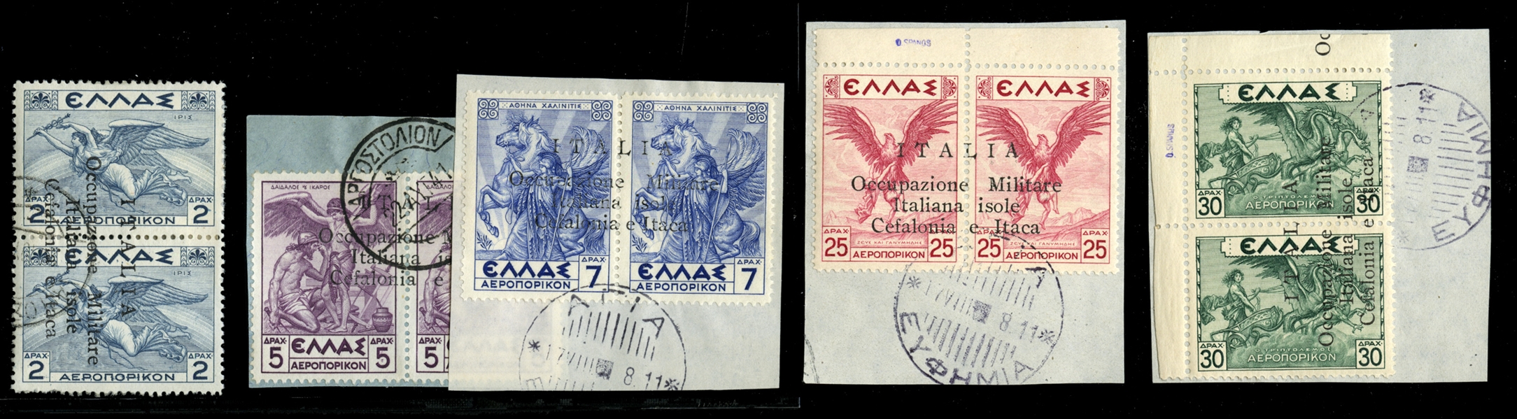 IONIAN ISLANDS  Air Post (Sass.PA3-5,7-8) 1941 (Cephalonia and Ithaca) five different horizontal or vertical pairs, 2d, 5d, 7d, 25d and 30d, used, four canceled on pieces, fine-v.f., last two...