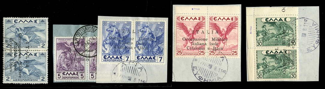 IONIAN ISLANDS  Air Post (Sass.PA3-5,7-8) 1941 (Cephalonia and Ithaca) five different horizontal or vertical pairs, 2d, 5d, 7d, 25d and 30d, used, four canceled on pieces, fine-v.f., last two...