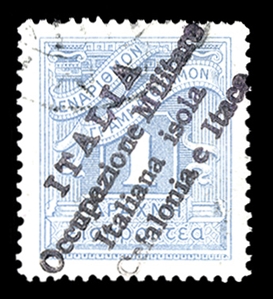 IONIAN ISLANDS Cephalonia and Ithaca handstamped overprints Postage Dues (Sass.ST.5) 1941 1d blue, used, v.f., signed Raybaudi, Mondolfo, etc., very rare, €55,000
