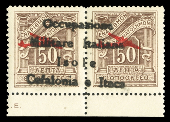 IONIAN ISLANDS Ithaca handstamped overprints Air Post (Sass. PA13) 1941 50+50L brown, capital "O" in "Occupazione", bottom margin horizontal pair, n.h., v.f., signed Diena, with 1999 Chiavarello...